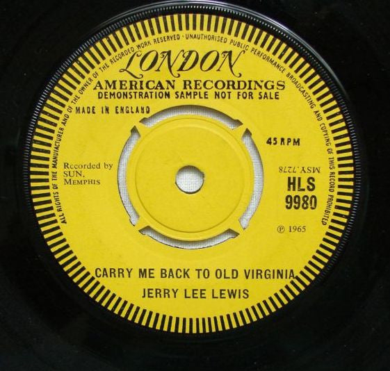 Image of Back Cover of 7" - /G+ - JERRY LEE LEWIS, I Know What It Means/ Carry Me Back To Old Virginia (London Records; HLS-9980, UK 1965, Promo, Company Sleeve), Small sticker on label, - 1056205S