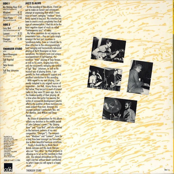 Image of Back Cover of LP - VG/VG+ - THORGEIR STUB , Jazz Alive (Odin; ODIN LP 11, Norway 1984), , - 1016682C