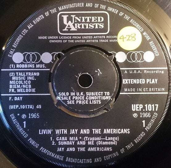 Image of Label Cover of 7" EP - VG+/VG - JAY & THE AMERICANS, Livin' With Jay And The Americans (United Artists Records ; UEP.1017, UK 1966), , - 1026052E