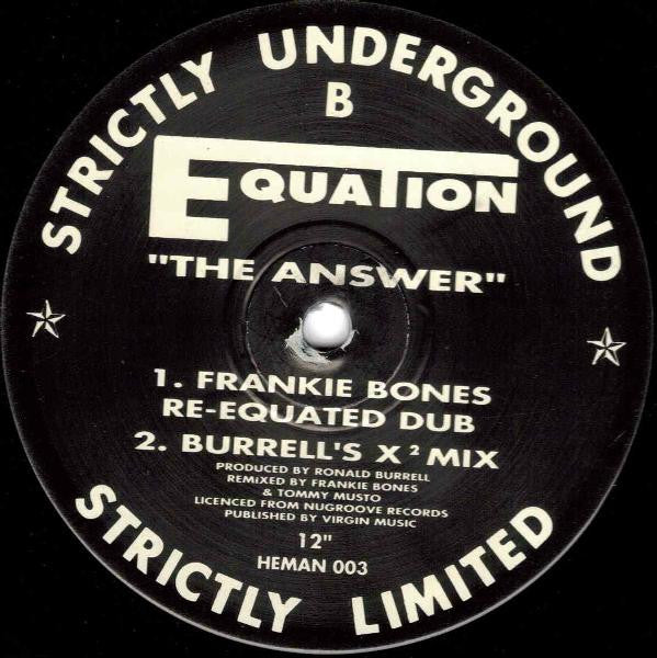 Image of Back Cover of 12" - /VG - EQUATION, The Answer (Strictly Underground Records; HEMAN 003, UK 1990), Light marks only, highlighter pen on label., - 2226061E