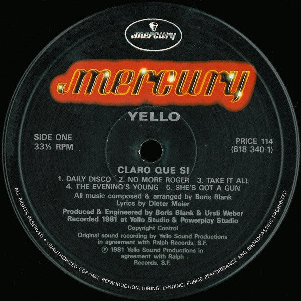 Image of Label Cover of LP - VG/VG - YELLO, Claro Que Si (Mercury; PRICE 114, UK & Europe 1988 Reissue, Missing the inner), , - 1226016E