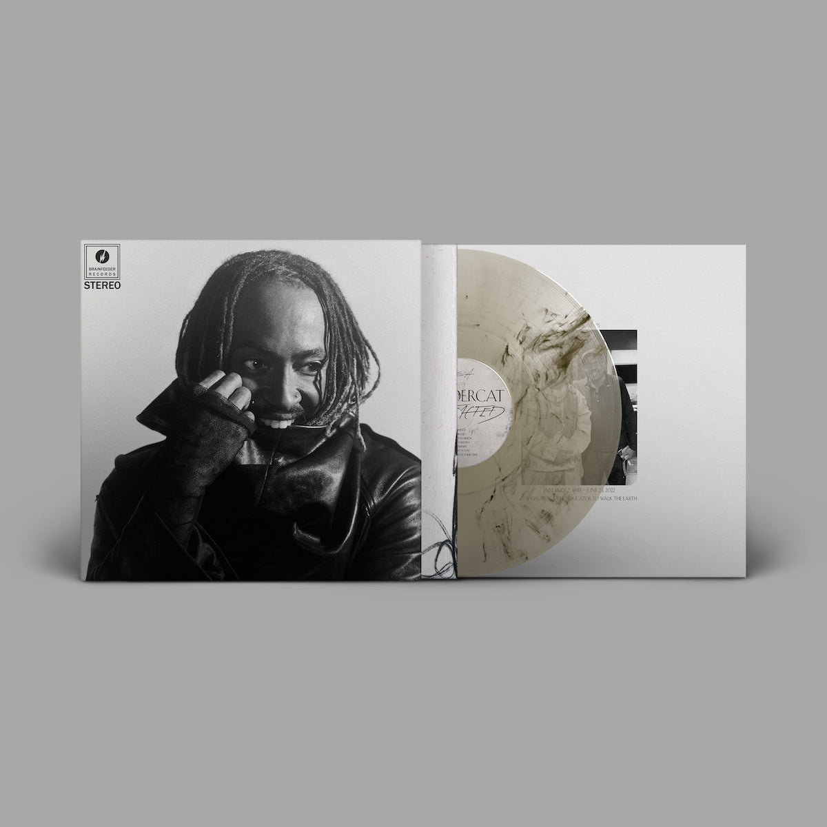 Image of Back Cover of LP - NEW/NEW - THUNDERCAT, Distracted (Brainfeeder; BF165N, Worldwide 2026, Standard Sleeve, Poster Insert, Indie Exclusive Clear / Black Marbled Smoke Effect Vinyl), , Distracted is Thundercat s fifth studio album, featuring contributions from an incredible cast of friends including A$AP Rocky, WILLOW, Tame Impala, Lil Yachty, Channel Tres and a long-awaited collaboration with the dearly departed Mac Miller. The record was primarily created in close collaboration with a new creati