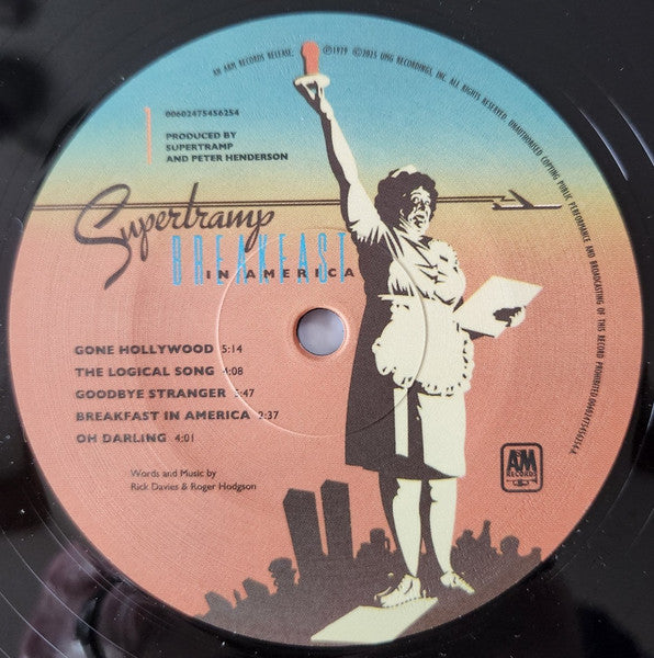 Image of Label Cover of LP - NEW/NEW - SUPERTRAMP, Breakfast In America (A&M Records; 7545625, Europe 2026 Reissue, Inner, 180 Gram Black Vinyl, Half Speed Mastered), , Supertramp are releasing the definitive vinyl pressings of their studio albums. Breakfast In America audio was transferred at Abbey Road Studios by Miles Showell and overseen by album co-producer Peter Henderson, where they cut the 1/2 speed master used to press the vinyl. The LP is pressed on 180g black vinyl. This is the group s sixth stud