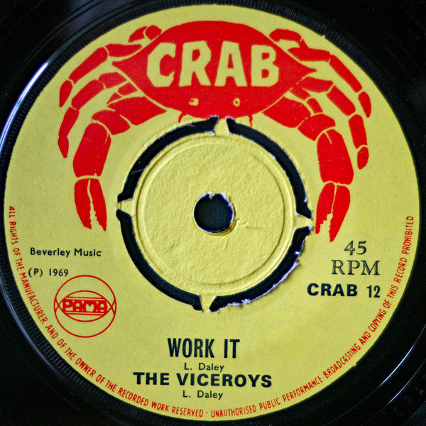Image of Front Cover of 7" - /G+ - THE VICEROYS / THE PARAGONS, Work It / You Mean So Much To Me (Crab; CRAB 12, UK 1969, 4-Prong Centre), Loads of marks and scuffs, plays above grade. Visible large mark on side B nap. No centre piece, WOL., - 1256028S