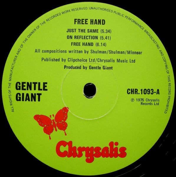 Image of Label Cover of LP - VG+/VG+ - GENTLE GIANT, Free Hand (Chrysalis Green With Black Rim Text; CHR 1093, UK 1975, Insert), Strong VG+, Slight Edge And Ring Wear, - 1226247E