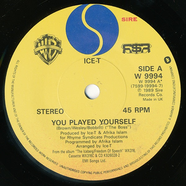 Image of Label Cover of 7" - VG/VG - ICE-T, You Played Yourself (Sire; W 9994, UK 1990, Picture Sleeve), Light edge wear to sleeve. Disc has a few light, superficial marks., - 1216452C