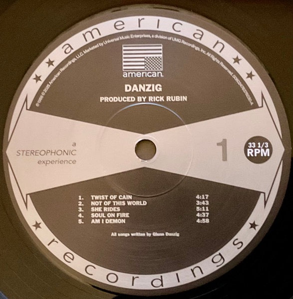 Image of Label Cover of LP - NEW/NEW - DANZIG, Danzig I (UMR; 7837603, Europe 2026 Reissue, Gatefold, Limited Edition Black Vinyl), , The first official vinyl repressing from American Recordings of Danzig's debut solo album since its initial release in 1988. Tracks include "Mother" and "Twist of Cain". LP package includes gatefold jacket, printed sleeves and black, standard weight vinyl. - 1616142C