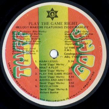 Image of Label Cover of LP - VG+/VG+ - THE MELODY MAKERS FEAT. ZIGGY MARLEY, Play The Game Right (Tuff Gong; ABL 110070, Jamaica 1985, Inner), , - 1316195C