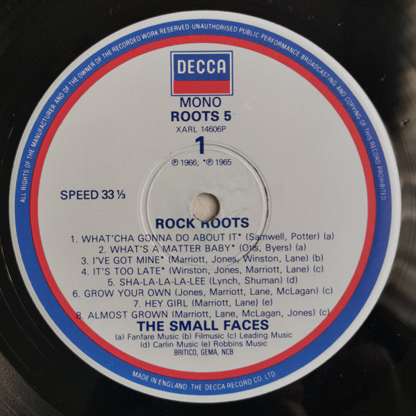 Image of Label Cover of LP - VG/VG - THE SMALL FACES, Rock Roots (Decca; ROOTS 5, UK 1980s Reissue), , - 1316135C