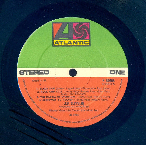 Image of Label Cover of LP - VG/VG - LED ZEPPELIN, Led Zeppelin IV - Untitled (Atlantic Green & Orange Labels; K 50008, UK 1972 Reissue, Gatefold, Inner, Porky/ Allen Runouts, V Under Made In UK On Labels), Strong VG, A handful of light wispy marks, Glossy disc, Nice sleeve, Light edge wear only, Inner split at bottom. , - 1316145C