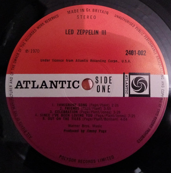 Image of Label Cover of LP - VG/VG - LED ZEPPELIN, Led Zeppelin III (Atlantic Plum & Orange Labels; K 50002, UK 1970s Reissue, Laminated Spinner Gatefold Sleeve With Atlantic K50002 Sticker Inside, Crossover Matrices: Do what thou wilt 2401002 A-5 GHC / 2401002 B//6 420), Strong VG, Clean glossy disc, A handful of wispy hairlines and very light mottling, Laminate bubbling on both sides of sleeve sleeve, Spinner working and intact. , LED ZEPPELIN, Led Zeppelin III (Atlantic Plum & Orange Labels; K 50002, UK