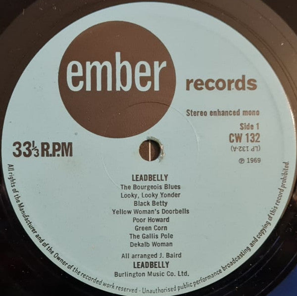 Image of Label Cover of LP - VG/VG - LEADBELLY, Leadbelly (Ember Records; CW 132, UK 1969, Laminated Front Sleeve), Sleeve has some creasing, pinching and laminate lift. Tiny rip at opening, - 2116377C