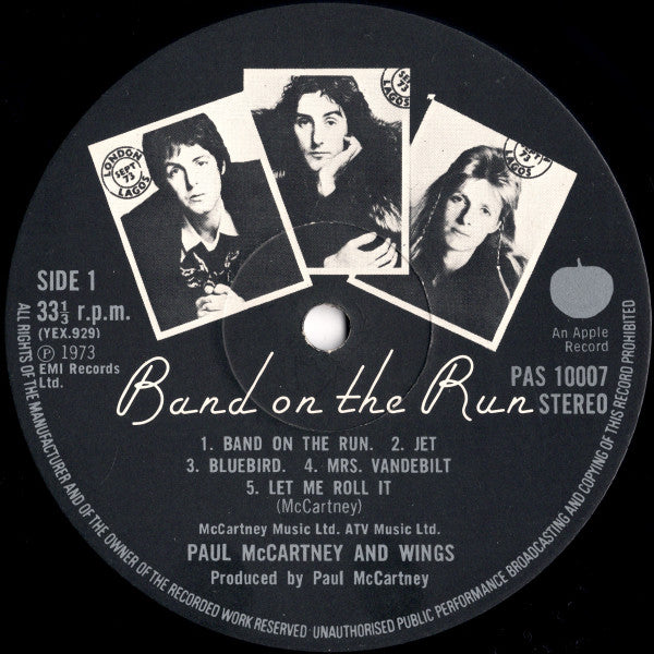 Image of Label Cover of LP - VG/VG - PAUL MCCARTNEY AND WINGS, Band On The Run (Apple Records; SO-3415, US 1973, Inner, Poster, Los Angeles pressing), Ring and edge wear., US pressing with "Helen's Wheels" on side B - 1326384E