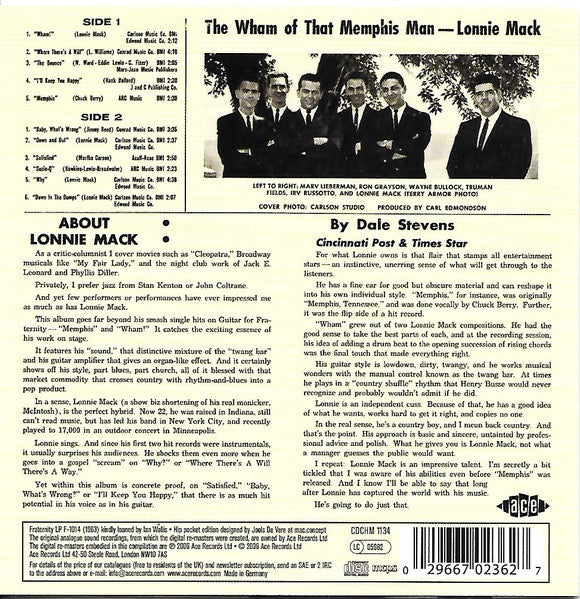 Image of Back Cover of CD - VG+/VG+ - LONNIE MACK, The Wham Of That Memphis Man! (Ace; CDCHM 1134, UK 2006 Reissue, Jewel Case), , - 1316691C