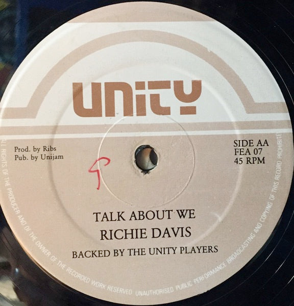 Image of Front Cover of 12" - /VG - JOHNNY JOHNNY P / RICHIE DAVIS, Rude Boy / Talk About We (Unity sounds; FEA 07, UK 1988), "Talk About We" is perfect. Pressing flaw/dent on dub of side A, causes a few clicks., - 1416136C