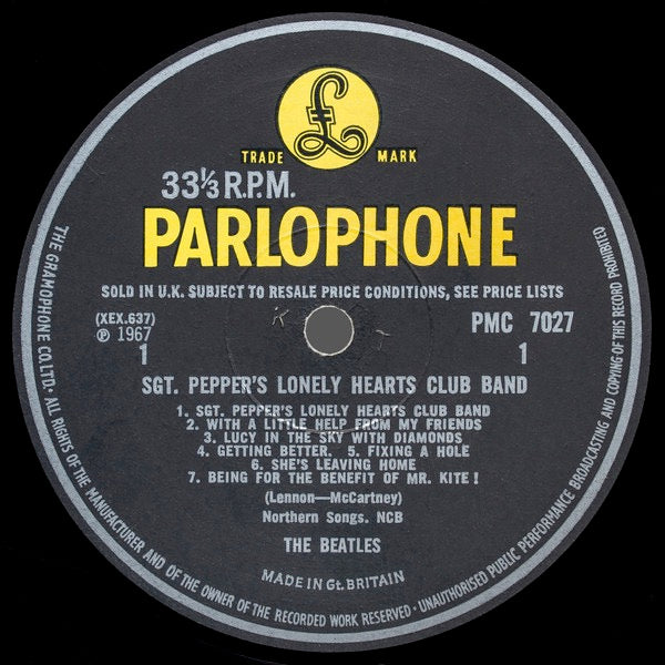 Image of Label Cover of LP - VG/VG - THE BEATLES, Sgt. Pepper's Lonely Hearts Club Band (Parlophone Black/Yellow; PMC 7027, UK 1967, Laminated Gatefold Sleeve, Red & White Inner & Cut Outs, Mono 1st Press XEX637-1 & 638-1), Quite a few very fine wispy hairline marks, Only really visible under strong white light, Plays well, Small split to bottom of inner, A bit of laminate creasing and tiny nick to sleeve opening, Decent copy. , - 3216083C