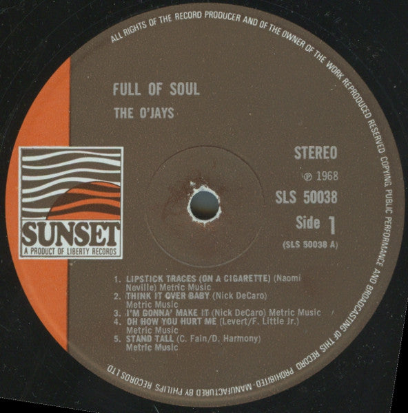 Image of Label Cover of LP - VG/VG - THE O'JAYS, Full Of Soul (Sunset Records; SLS 50038E, UK 1968), , - 1426350E