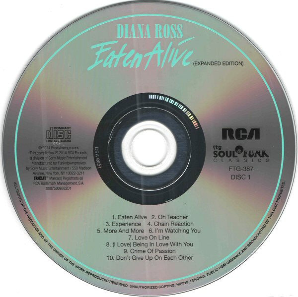 Image of Label Cover of CD - VG/VG+ - DIANA ROSS, Eaten Alive (Funkytowngrooves; FTG-387, US 2014 Reissue), Crack on Case (back), - 1456496S