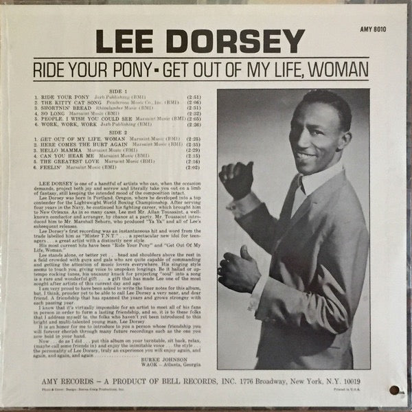 Image of Back Cover of LP - VG/VG - LEE DORSEY, Ride Your Pony - Get Out Of My Life Woman (Amy; 8010-S, US 1966, Pasteback Sleeve, Stereo), Slightly rough hole punch to sleeve. Disc has some storage marks but plays well., - 1416587C