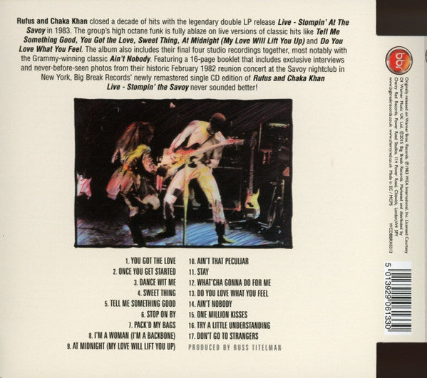 Image of Back Cover of CD - EX/EX - RUFUS AND CHAKA KHAN, Live (Stompin' At The Savoy) (Big Break Records; WCDBBRX0313, UK 2015, Super Jewel case), , - 1556103S