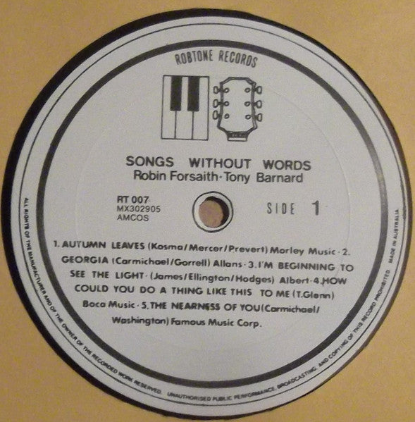 Image of Label Cover of LP - VG/VG+ - ROBIN FORSAITH AND TONY BARNARD, Songs Without Words (Robtone Records; RT 007, Australia 1988), , - 1526243E