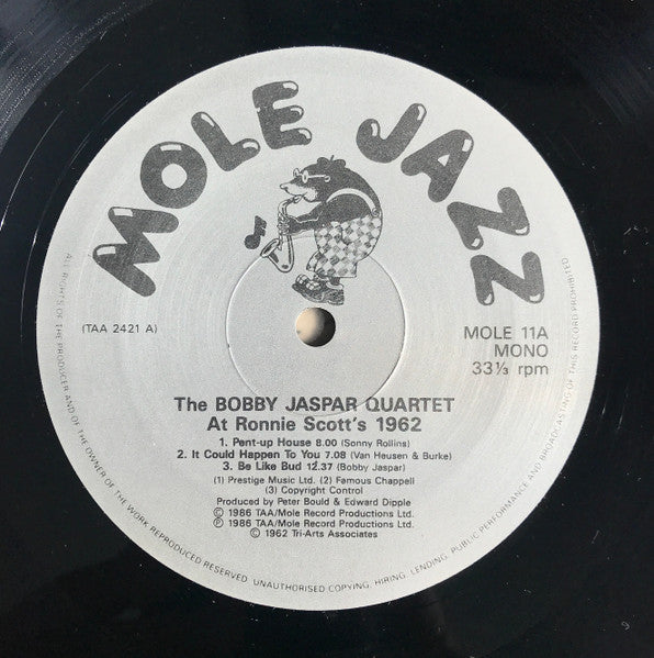 Image of Label Cover of LP - VG/VG+ - THE BOBBY JASPAR QUARTET, The Bobby Jaspar Quartet At Ronnie Scott's 1962 (Mole Jazz; Mole 11, UK 1986), Writing On Rear Sleeve, - 1526245E