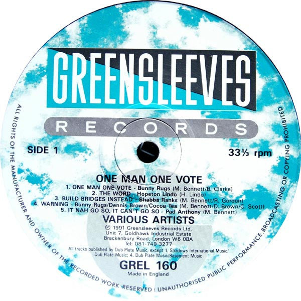 Image of Label Cover of LP - VG/VG+ - VARIOUS ARTISTS, One Man One Vote (Greensleeves Records; GREL 160, UK 1991), , - 1516449C