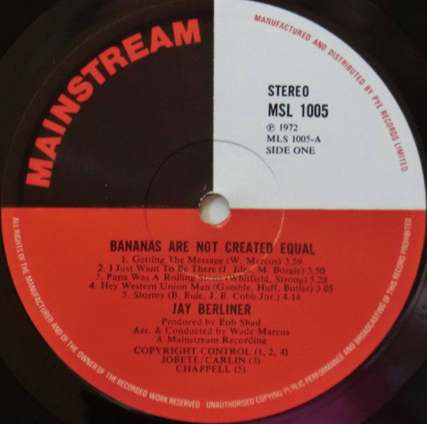 Image of Label Cover of LP - VG/VG - JAY BERLINER, Bananas Are Not Created Equal (Mainstream Records; MSL 1005, UK 1973, Gatefold), Scuffs and hairlines. Corner bump, creasing and discolouration. Ring wear, light edge wear., - 1546354S