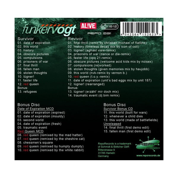 Image of Back Cover of 3xCD - VG/VG+ - FUNKER VOGT, Survivor - Collector's Edition (RepoRecords; REPO 031, Germany 2014 Reissue, Triple Digipak, Booklet), , - 1636083E