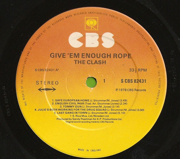 Image of Label Cover of LP - G+/VG - THE CLASH, Give 'Em Enough Rope (CBS Sunburst Labels Without Braille Side Indication; S CBS 82431, UK 1978), Light hairlines. Sleeve has heavy edgewear, pen writing on back, sticker removal rip top right., - 4426022E