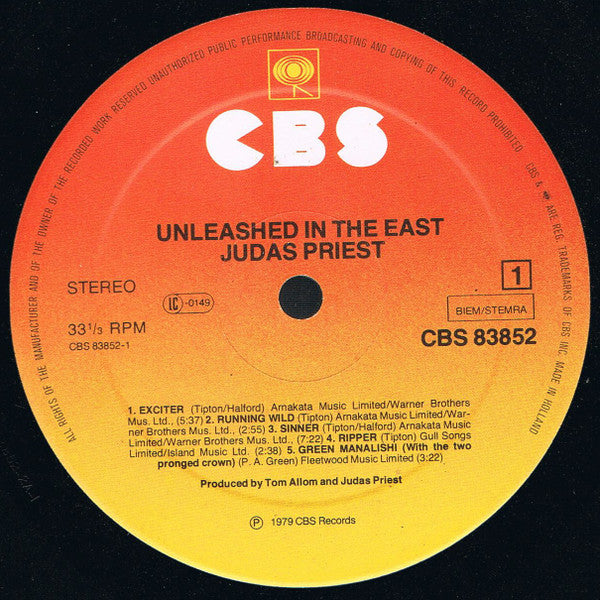 Image of Label Cover of LP - VG/VG - JUDAS PRIEST, Unleashed In The East (Live In Japan) (CBS Sunburst; CBS 83852, Europe 1979), , - 1626218E
