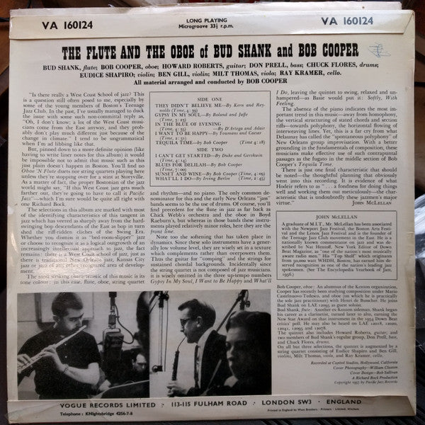 Image of Back Cover of LP - VG/VG+ - BUD SHANK / BOB COOPER, Flute 'N Oboe (Vogue ; VA 160124, UK 1958, Laminated Flipback Sleeve, Mono), Strong VG+, Damage To Sleeve Opening, Writing On Rear Sleeve, - 1526408E