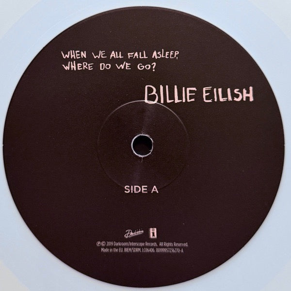 Image of Label Cover of LP - NEW/NEW - BILLIE EILISH, WHEN WE ALL FALL ASLEEP, WHERE DO WE GO? (Universal; 9572362, UK 2026 Reissue, Baby Blue Vinyl), , First international pressing in baby blue. This record is made of BioVinyl, which prevents climate pollution by replacing the petroleum typically used in vinyl production with used cooking oil and waste gases. All paper and board-based packaging is FSC®-certified and 100% recycled, and ink is raw and plant-based. Reusable, 100% recycled poly sleeves replace