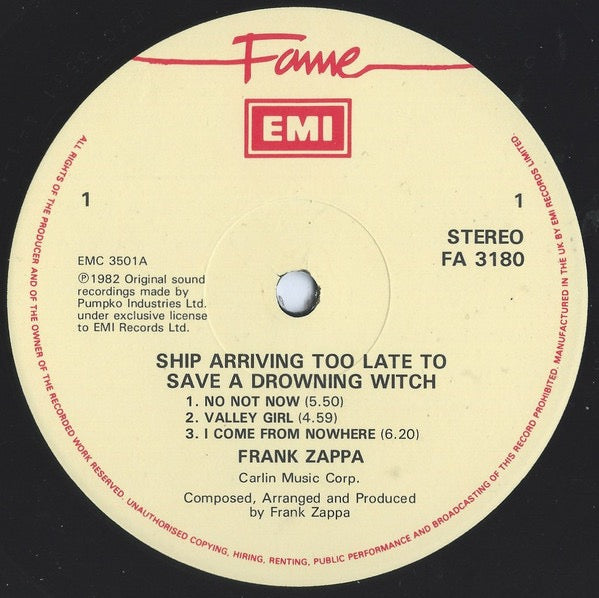 Image of Label Cover of LP - VG/G+ - ZAPPA, Ship Arriving Too Late To Save A Drowning Witch (Fame Labels With EMI Box ; FA 3180, UK 1988 Reissue), Light Marks only., - 1616239C