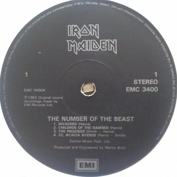 Image of Label Cover of LP - VG/G+ - IRON MAIDEN, The Number Of The Beast (EMI Black Labels; EMC 3400, UK 1986 Reissue, Inner), Light Marks only., - 1716276C
