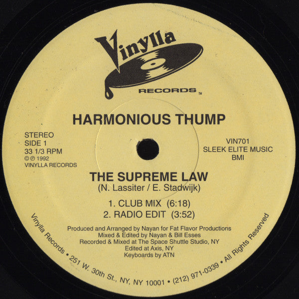 Image of Front Cover of 12" - /VG - HARMONIOUS THUMP, The Supreme Law (Vinylla Records; VIN701, US 1992), Strong VG, Plays VG+, - 1746090S