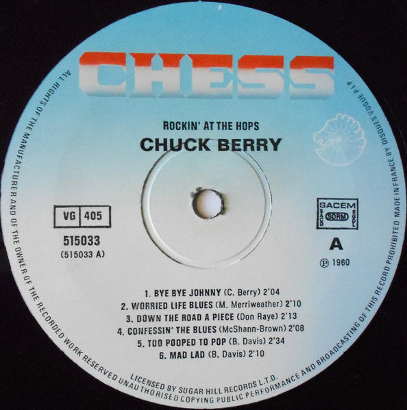 Image of Label Cover of LP - VG/VG+ - CHUCK BERRY, Rockin' At The Hops (Vogue; 515033, France 1980s Reissue, SACEM), , - 1716357C