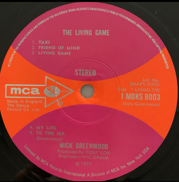 Image of Label Cover of LP - VG+/VG+ - MICK GREENWOOD, Living Game (MCA Records; MDKS 8003, UK 1971, Gatefold), Very light wear to sleeve. Nice copy., - 1746153S