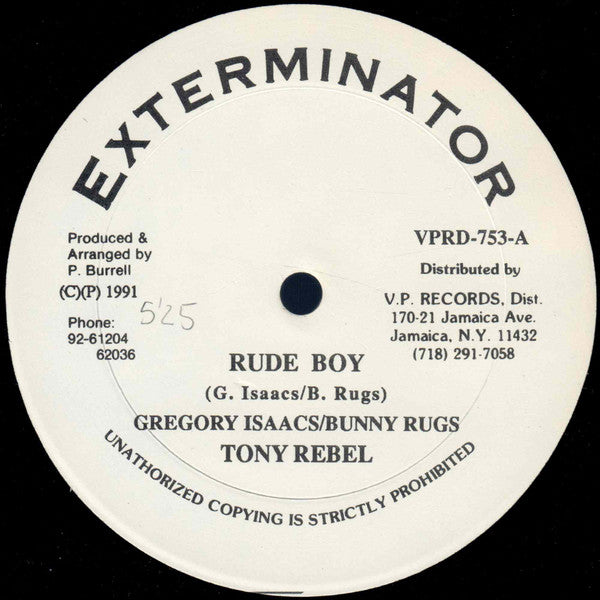 Image of Front Cover of 12" - /VG+ - GREGORY ISAACS / BUNNY RUGS / TONY REBEL, Rude Boy (Exterminator; VPRD-753, US 1991), Shiny clean., - 1746172S