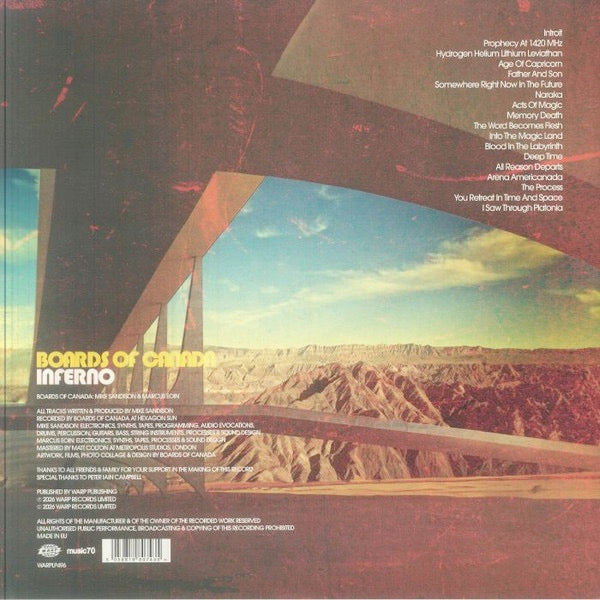 Image of Back Cover of 2xLP - NEW/NEW - BOARDS OF CANADA, Inferno (Warp; WARPLP496, UK 2026, Gatefold, 2 Inners, Black Vinyl), , After thirteen years of silence from the compound, during which anticipation has grown day by day, Boards of Canada finally return. - 3316309C