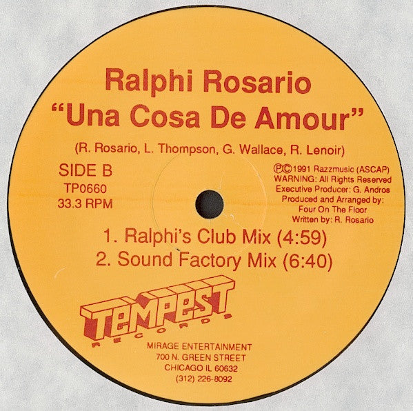Image of Back Cover of 12" - /VG+ - RALPHI ROSARIO, Una Cosa De Amour (Tempest Records; TP0660, US 1991, Plain Sleeve), A few very light marks, plays beautifully., - 1746282S