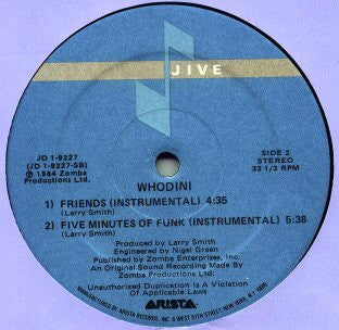 Image of Back Cover of 12" - VG/G+ - WHODINI, Friends / Five Minutes Of Funk (Jive; JD-1-9227, US 1984, Clear Plastic Sleeve With Card Inner), , - 1726477E