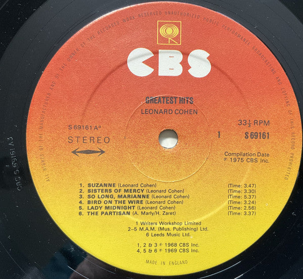 Image of Label Cover of LP - VG+/VG+ - LEONARD COHEN, Greatest Hits (CBS Orange/Yellow; 69161, UK 1975, Inner & Insert, LC 0149 Code on Label), , - 1826064E