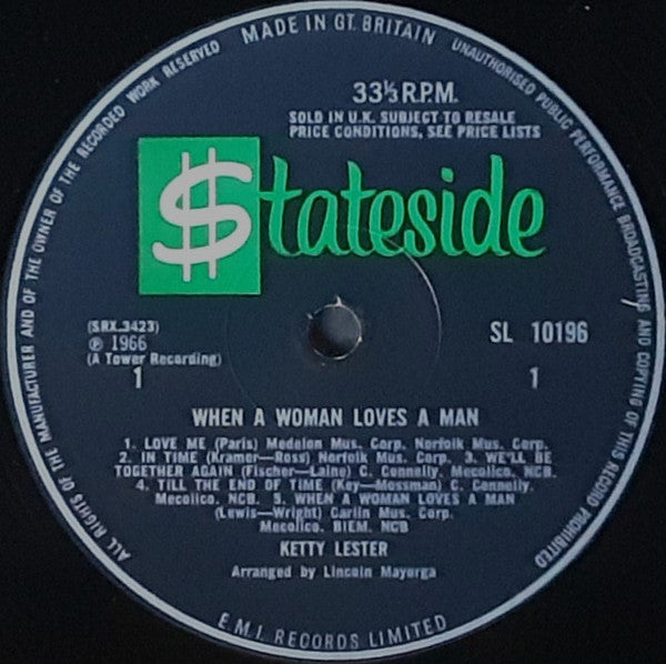 Image of Label Cover of LP - VG/VG - KETTY LESTER, When A Woman Loves A Man (Stateside; SL 10196, UK 1966, Mono), , - 1846061S