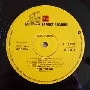 Image of Label Cover of LP - G+/G+ - NEIL YOUNG, Neil Young (Reprise Tan WB Logo; K 44059, UK 1970s Reissue, "Manufactured In The UK" On Labels, One Pressing Ring), Writing On Front Sleeve, - 1726518E