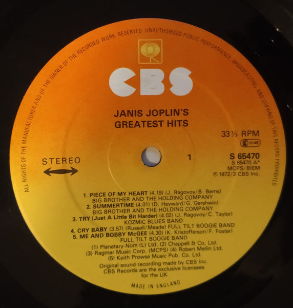 Image of Label Cover of LP - VG+/VG+ - JANIS JOPLIN, Janis Joplin's Greatest Hits (CBS Orange/Yellow; S 65470, UK 1970s Reissue), , - 1826162E
