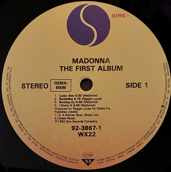Image of Label Cover of LP - VG/VG - MADONNA, The First Album (Sire; 92 3867-1, Europe 1985 Reissue, Inner), Hairlines, edge wear, with hype sticker, - 3946028S