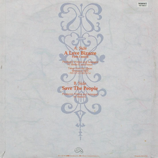 Image of Back Cover of 12" - VG+/G+ - SHEILA E., A Love Bizarre, Parts I And II (Paisley Park; W8890 (T), UK 1986, Picture Sleeve), Superficial marks to disc. Sleeve is hole-punched., - 1816466C
