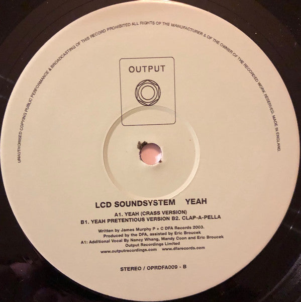 Image of Label Cover of 12" EP - VG/G+ - LCD SOUNDSYSTEM, Yeah (Output; OPR DFA 009, UK 2004, Picture Sleeve), Light marks only, close to VG. Sleeve has light creasing and general wear., - 3316542C
