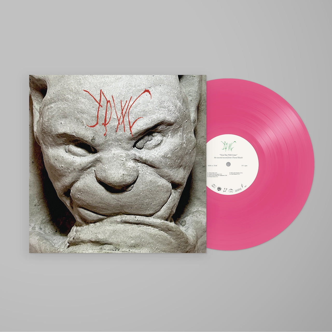 Image of Back Cover of LP - NEW/NEW - CHANEL BEADS, Your Day Will Come (Jagjaguwar; JAG487LP-C1, Europe 2026, Indie Exclusive Pink Opaque Vinyl), , First things first: yes, Chanel Beads second album, Your Day Will Come, has the same title as the experimental project s 2024 breakthrough debut. But this is a completely new body of work, not a part two, a rehash or a re-do. Raised in the suburbs of Minnesota, Lavers began making music under the name Chanel Beads while living in Seattle back in 2016. When he